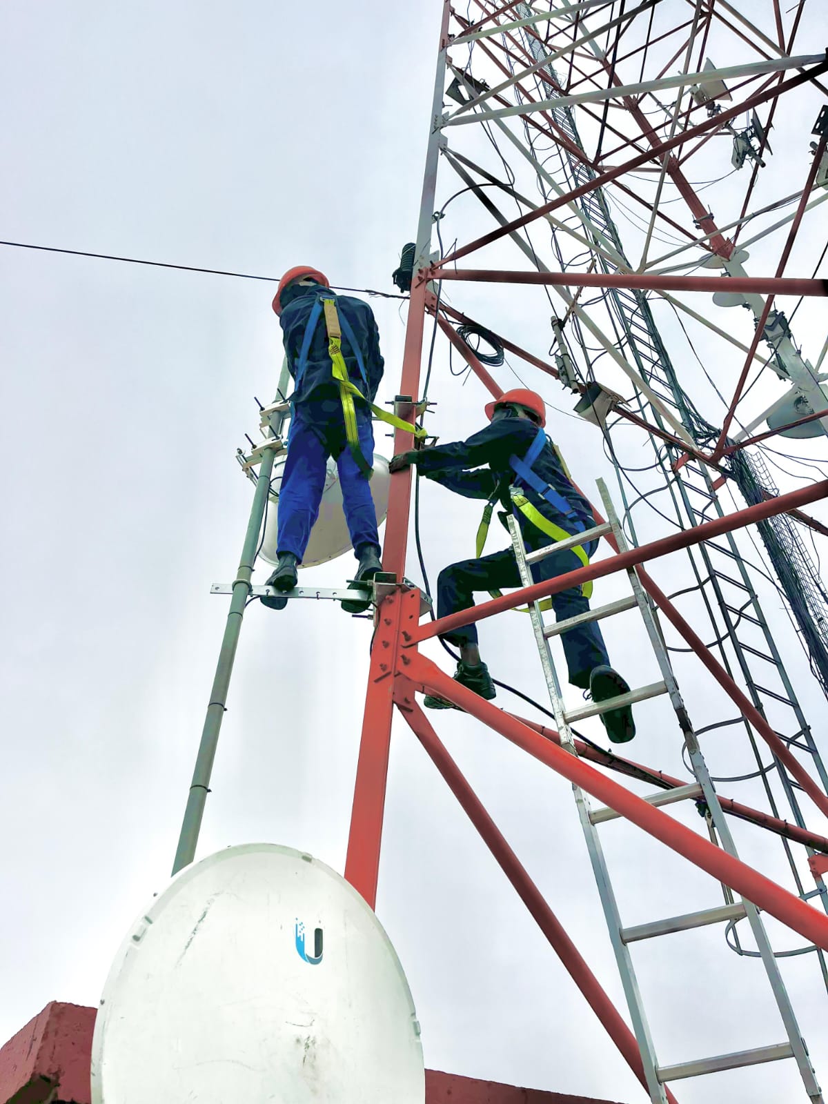 LTO Telecoms technicians installing wireless equipment on a communications tower